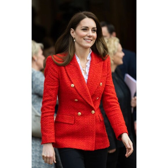 ZARA Red Boucle Tweed Double Breasted Kate Middleton Blazer Suit Jacket, Size XS - Picture 16 of 16
